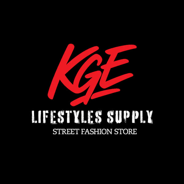 Logo of KGE Lifestyles Supply street fashion store with red and white text on a black background